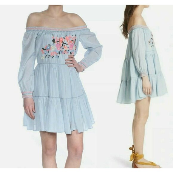 FREE PEOPLE Sunbeams Mini Dress Light Blue Smocked Embroidered Small Boho Dainty - Picture 12 of 12
